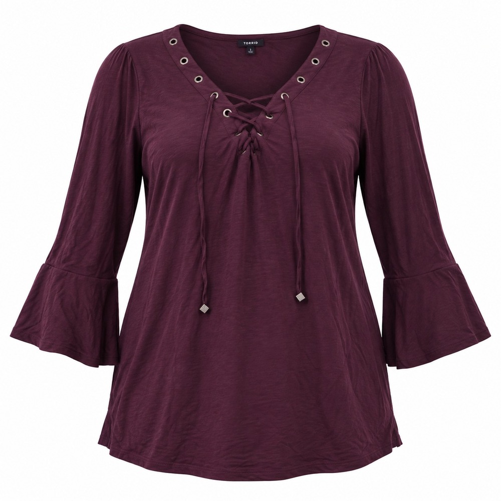 Verve Ami Top Womens Medium Plum Lace Up Bell Sleeve Whimsigoth Peasant Blouse